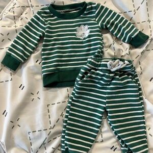 Green and White Striped Pajama Set with Ribbed Cuffs